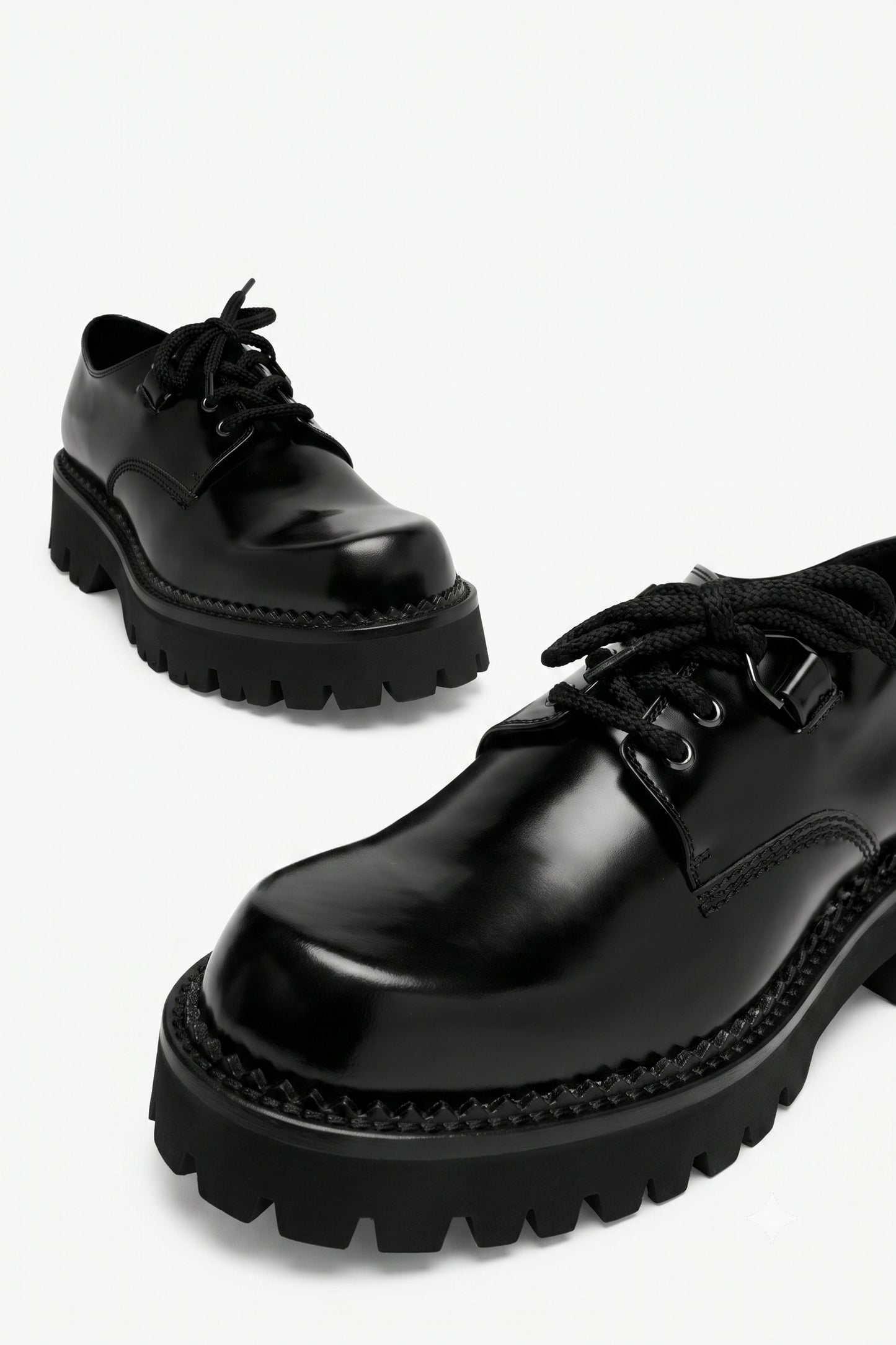 Curtis woman black leather derby shoe, angled view from above showing the toe and side