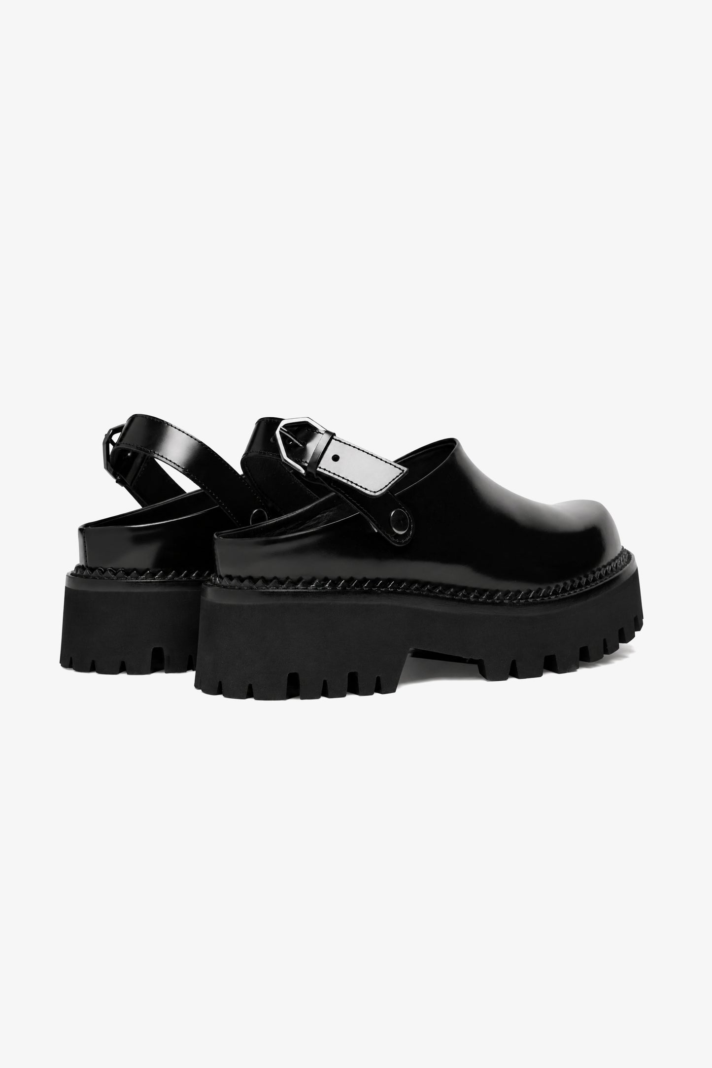 Berry black leather mule, rear angled view showing the heel and side