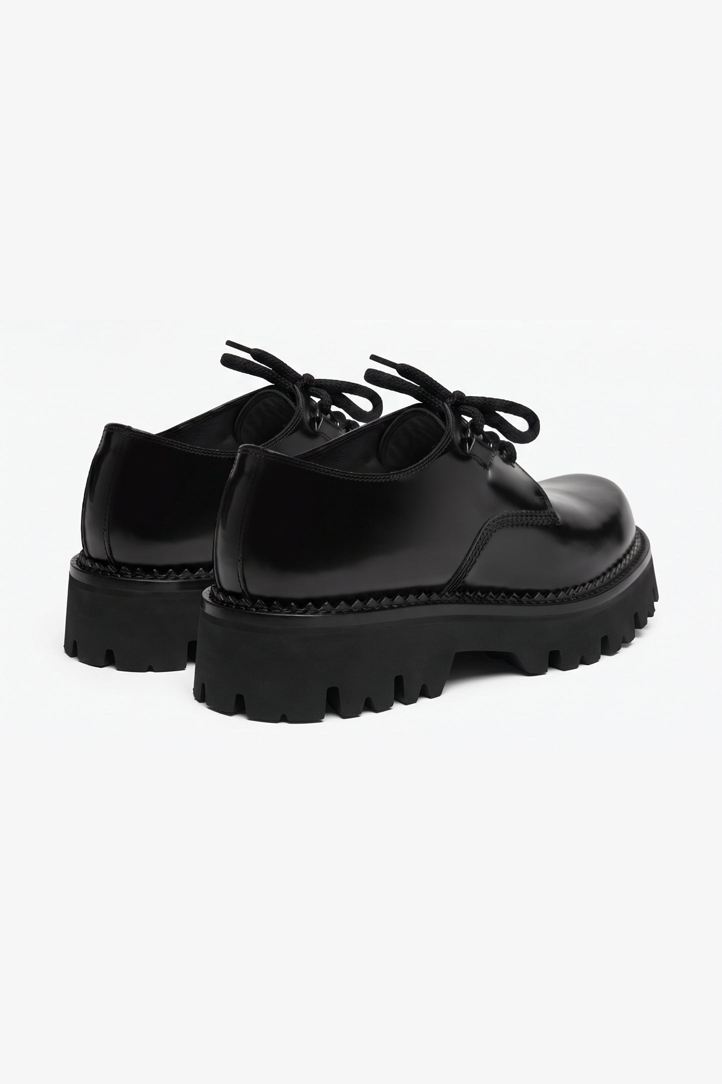 Curtis woman black leather derby shoe, rear angled view showing the heel and side