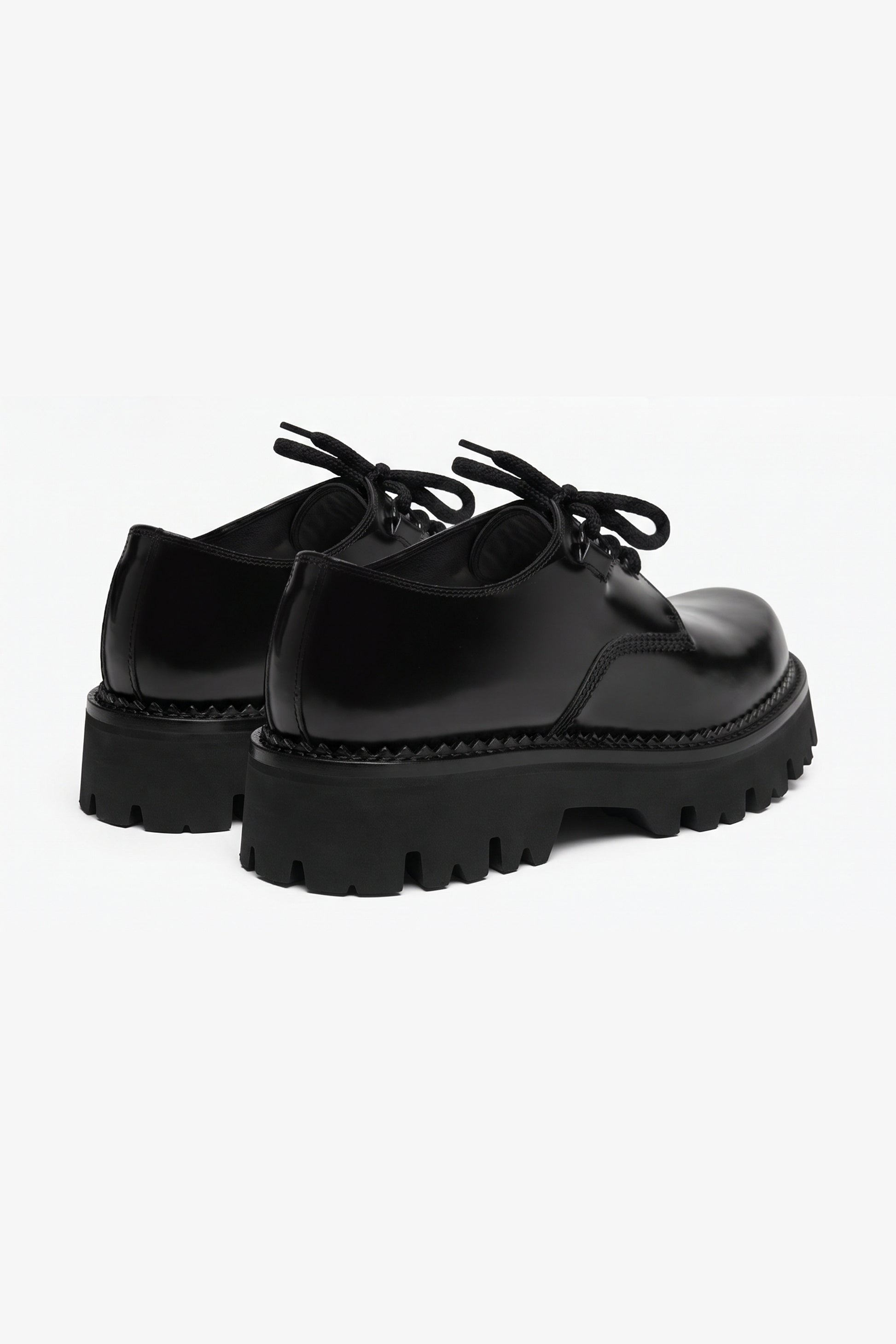 Curtis woman black leather derby shoe, rear angled view showing the heel and side