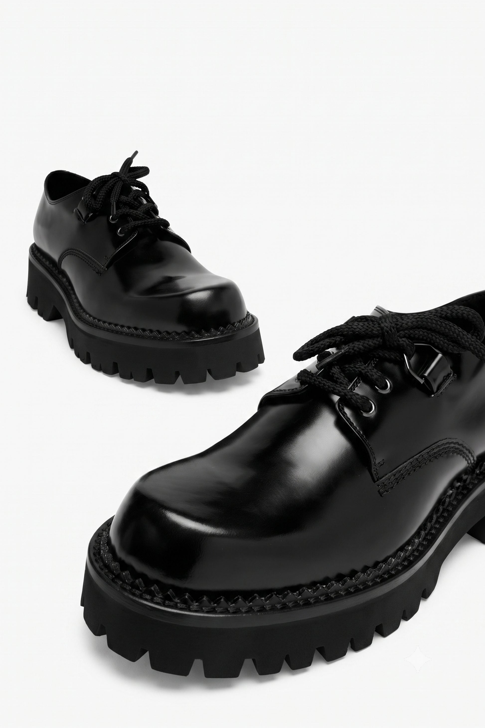 Curtis woman black leather derby shoe, angled view from above showing the toe and side