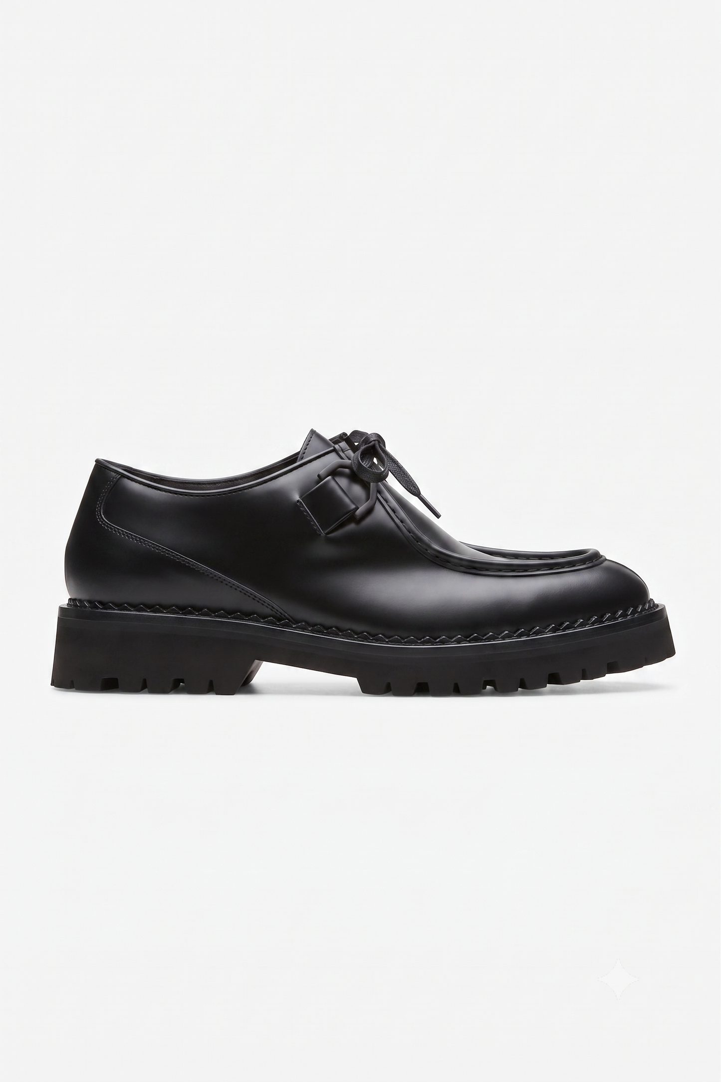 Dave black leather lace-up shoe with signature black lace detail side view