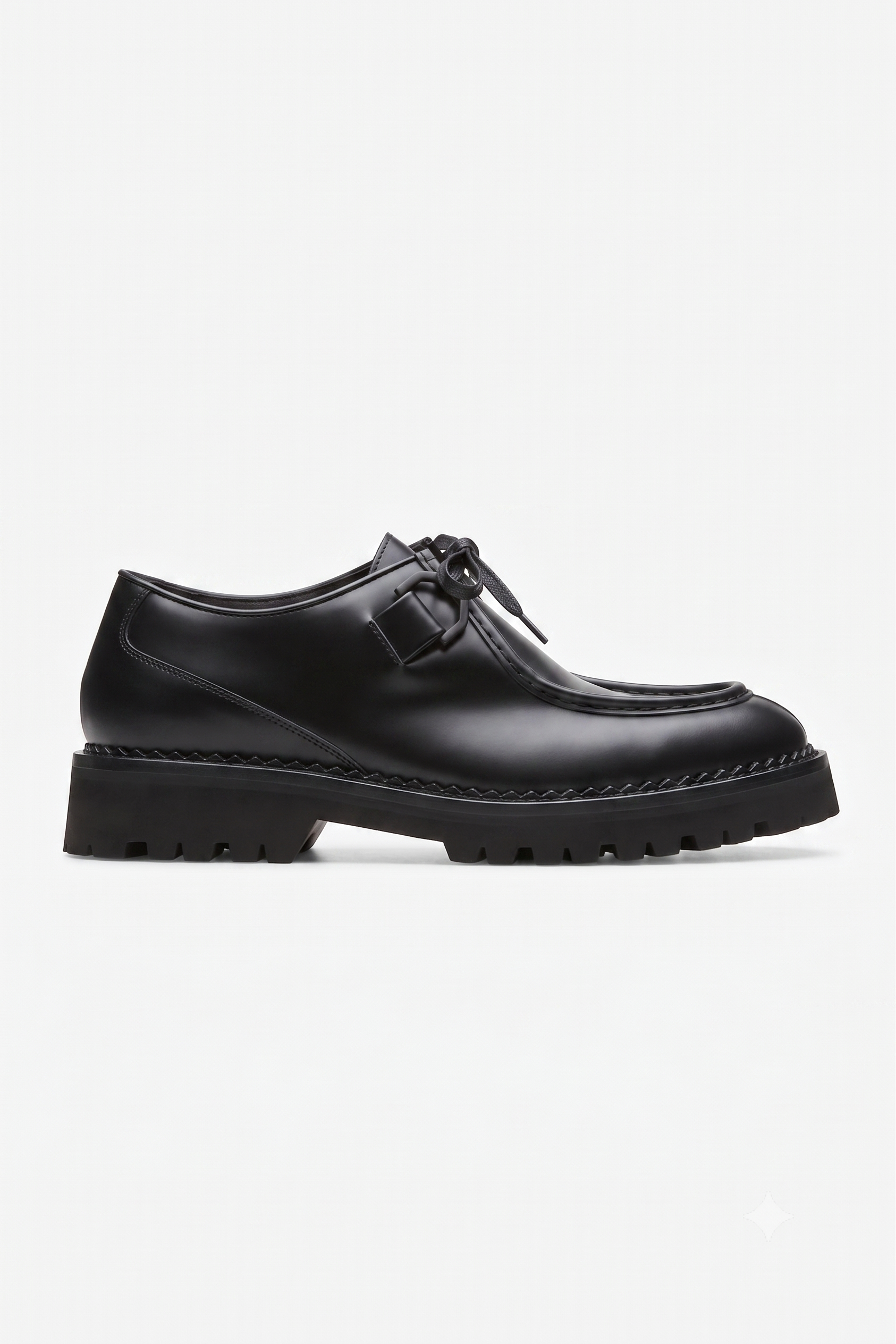 Dave black leather lace-up shoe with signature black lace detail side view