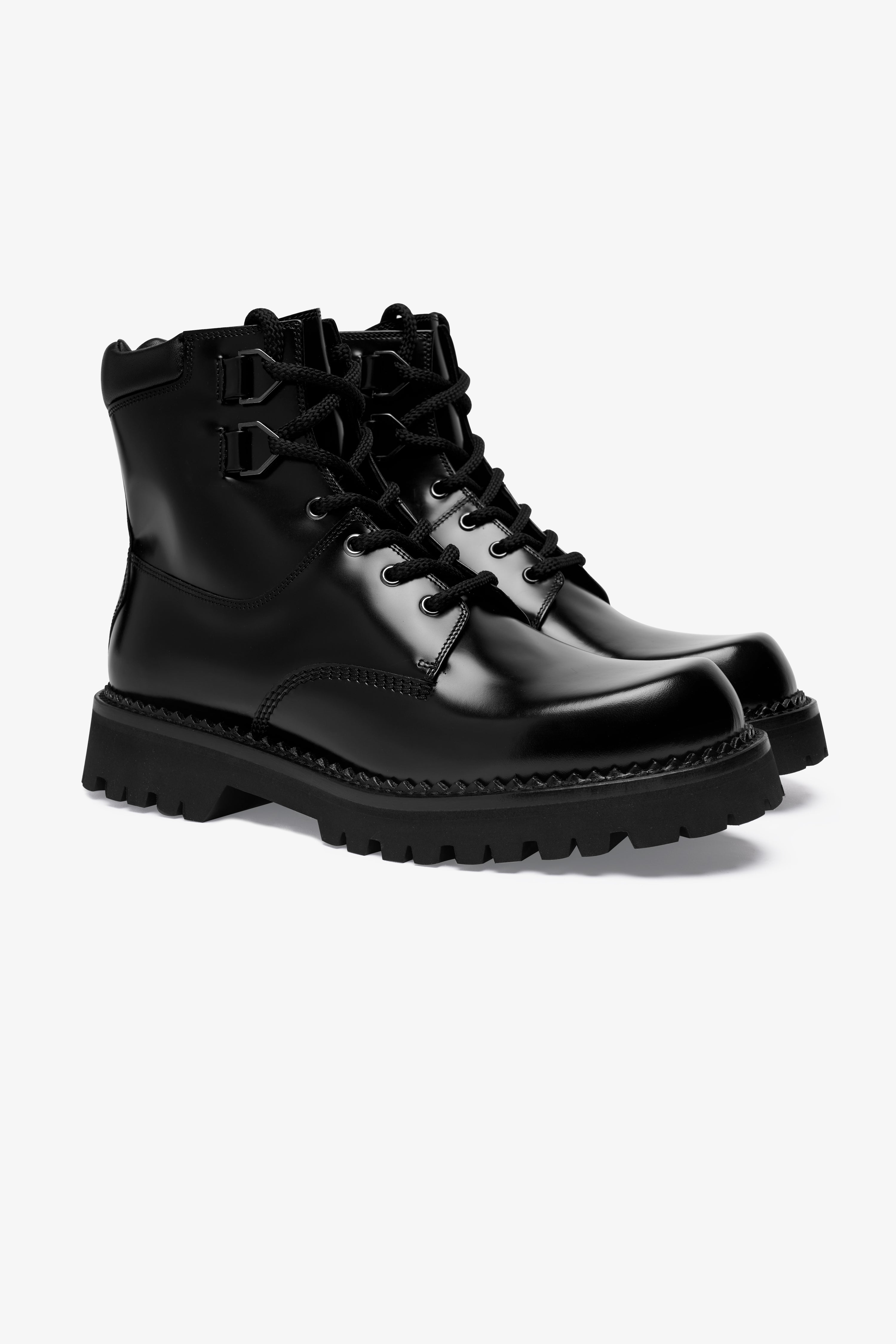 Smith black leather combat boot, front three-quarter view