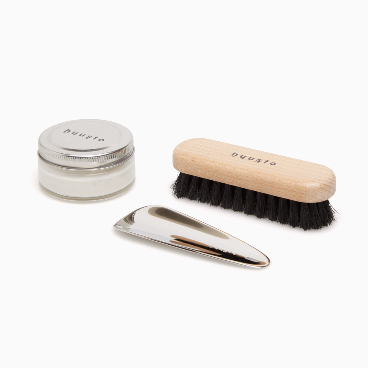 Hyusto Maintenance and care set with silver shoe horn, brush and neutro shoe cream