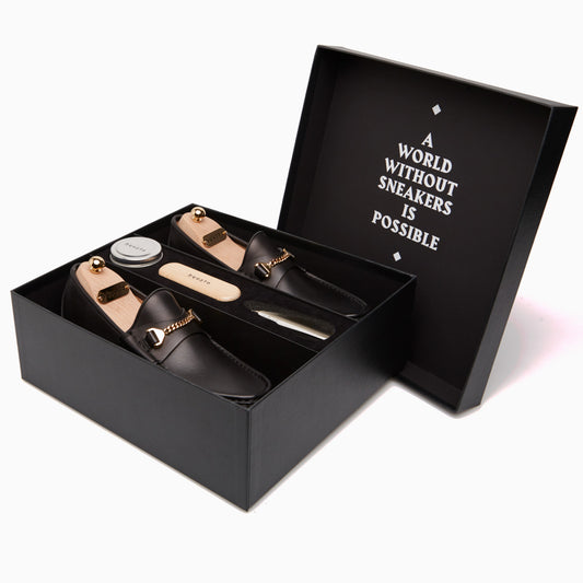 Hyusto Care and Maintenance box side view with shoes, wood Last, shoehorn, brush and shoe cream 